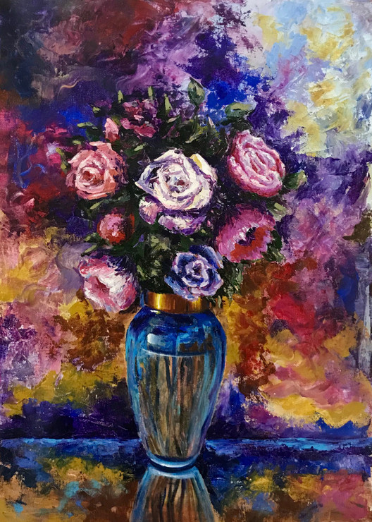 Vibrant flower vase (ART_1316_35266) - Handpainted Art Painting - 18in X 25in