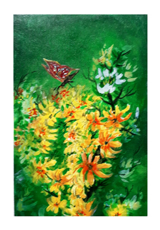 Flower and Butterfly  (ART_6998_40851) - Handpainted Art Painting - 8in X 12in