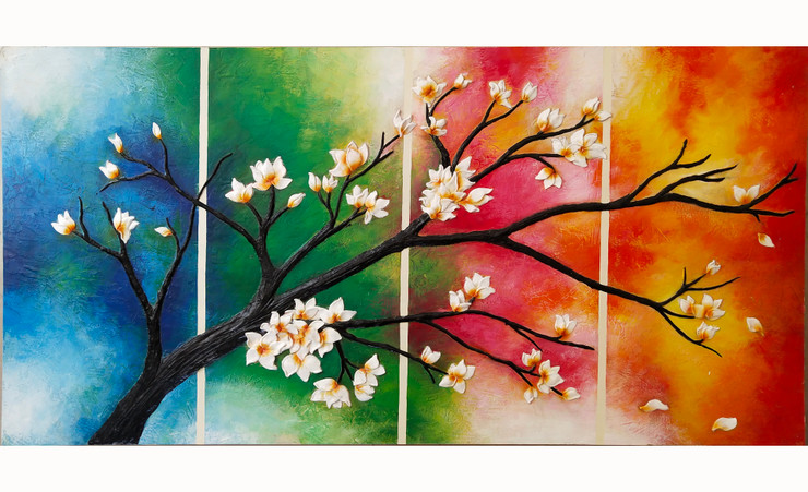 4 seasons floral mural painting  (ART_1265_40929) - Handpainted Art Painting - 48in X 24in (Framed)