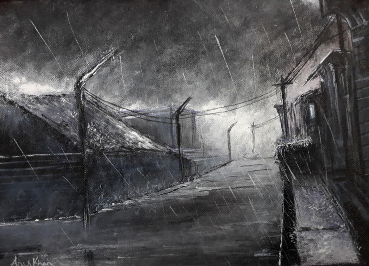 Rain at night (ART_1882_30532) - Handpainted Art Painting - 12in X 8in