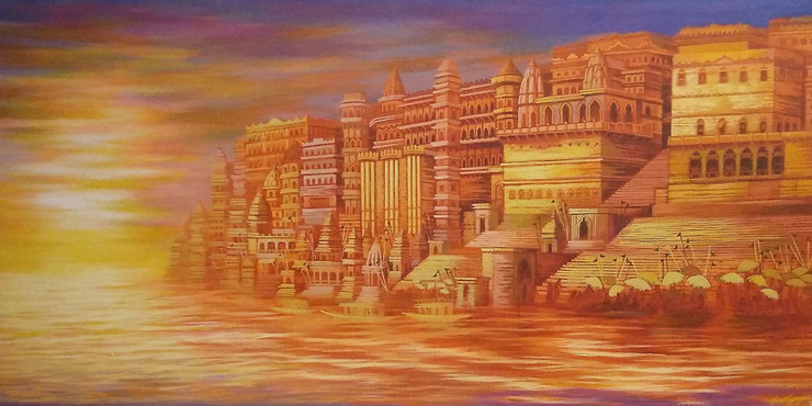 Benaras Ghats (ART_6679_38625) - Handpainted Art Painting - 24in X 48in