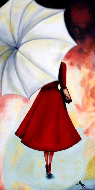 Lady With The Umbrella (ART_6505_41321) - Handpainted Art Painting - 18in X 36in