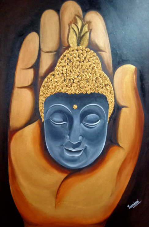 Buddha's Blessings  (ART_6994_40821) - Handpainted Art Painting - 24in X 36in