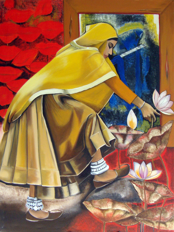 Flower shower on Krishna (ART_1968_16425) - Handpainted Art Painting - 36in X 48in