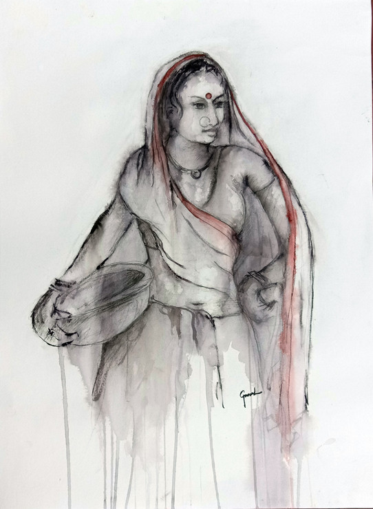 Indian lady  22 (ART_6373_40618) - Handpainted Art Painting - 22in X 30in