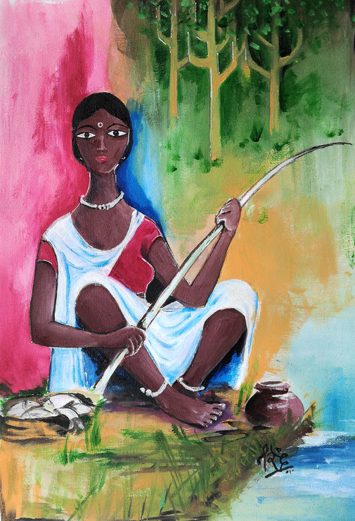 Fisher Women (ART_7060_42102) - Handpainted Art Painting - 12in X 17in