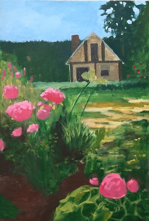 Blossom House (ART_5839_42446) - Handpainted Art Painting - 15in X 22in (Framed)