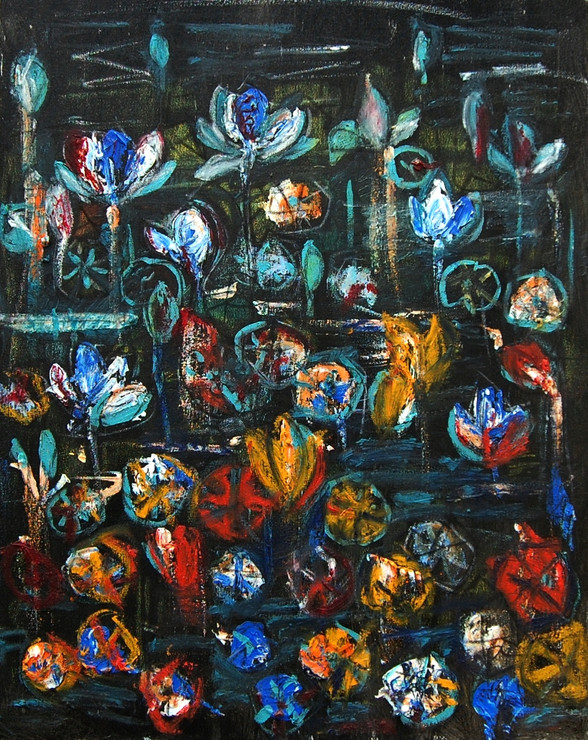 LOTUS POND OF NIGHT 1 (ART_2860_42432) - Handpainted Art Painting - 24in X 30in