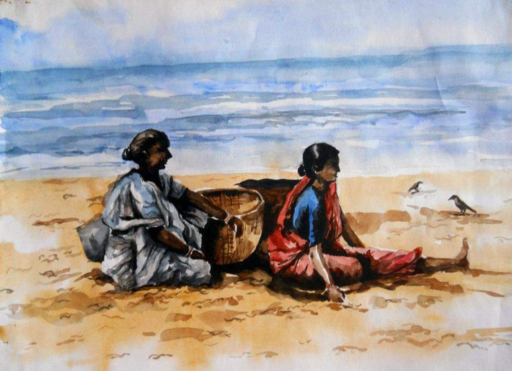 Indian Sea beach (ART_7088_42415) - Handpainted Art Painting - 18in X 12in