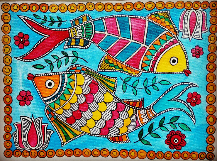 Madhubani fish (ART_5791_42464) - Handpainted Art Painting - 11in X 9in