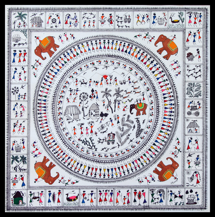 ANCIENT WARLI ARTS ECCENTRICALLY ON HANDMADE PAPER (ART_2050_38054) - Handpainted Art Painting - 17in X 17in
