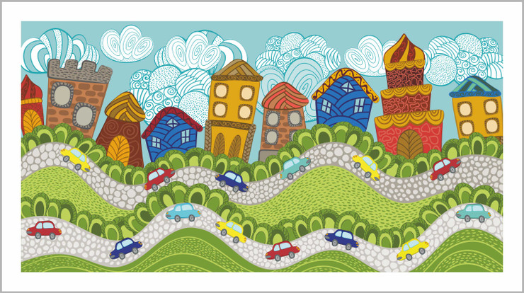 Landscape | Colorful Houses and Cars | Eco-Friendly & Odorless Canvas Print (PRT_7026_41950) - Canvas Art Print - 36in X 18in