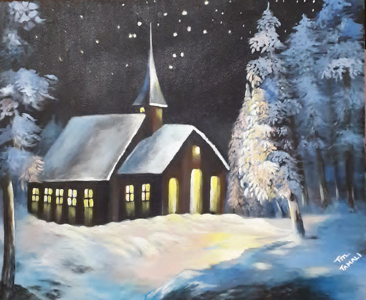 Winter Night (ART_7112_42775) - Handpainted Art Painting - 20in X 24in