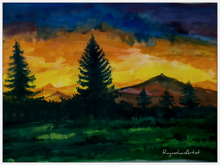 Sunset in a mountain  (ART_7156_43005) - Handpainted Art Painting - 11in X 16in