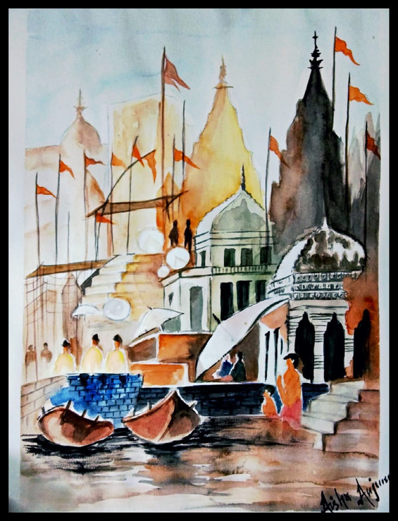 Kashi Ghat (ART_7179_43447) - Handpainted Art Painting - 9in X 12in
