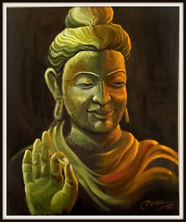 Buddha Mudra (ART_2562_43445) - Handpainted Art Painting - 31in X 25in