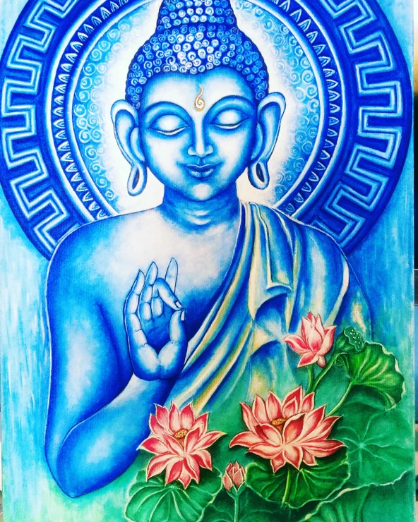 Meditating blue buddha (ART_7183_43453) - Handpainted Art Painting - 18in X 24in