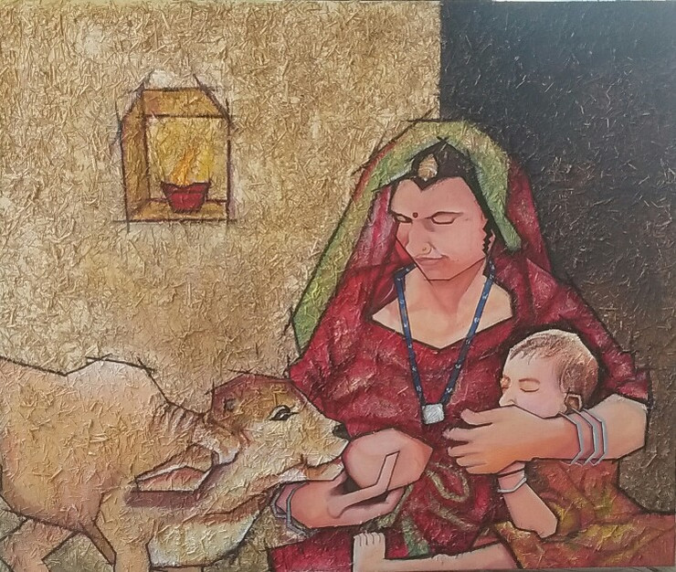 Motherhood  (ART_6778_39382) - Handpainted Art Painting - 36in X 30in