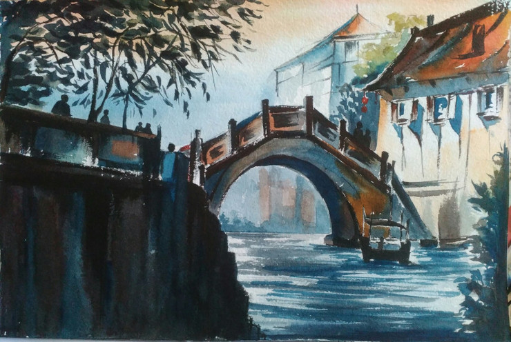 Bridge (ART_6698_44057) - Handpainted Art Painting - 11in X 8in