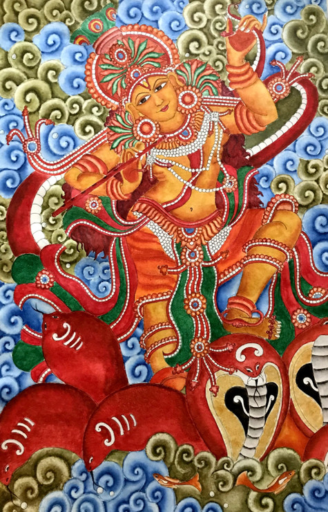 Krishna Kerala Mural (ART_3064_44238) - Handpainted Art Painting - 30in X 46in