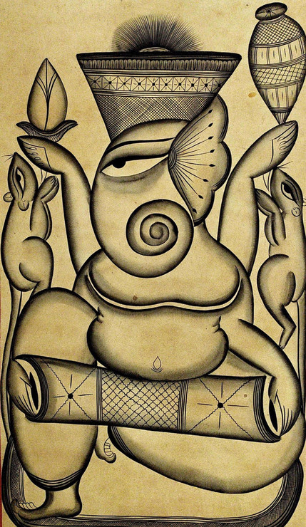 Ganesha playing Mridangam (ART_7191_44179) - Handpainted Art Painting - 14in X 22in