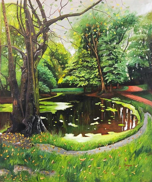 Trees by the pond- scenery of forest with a pond for tranquility  (ART_5220_37221) - Handpainted Art Painting - 30in X 36in