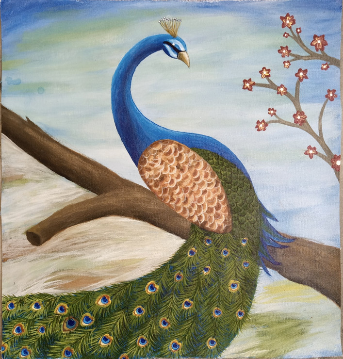 Peacock : Sitting on a tree trunk (ART_7188_44443) - Handpainted Art Painting - 18in X 19in