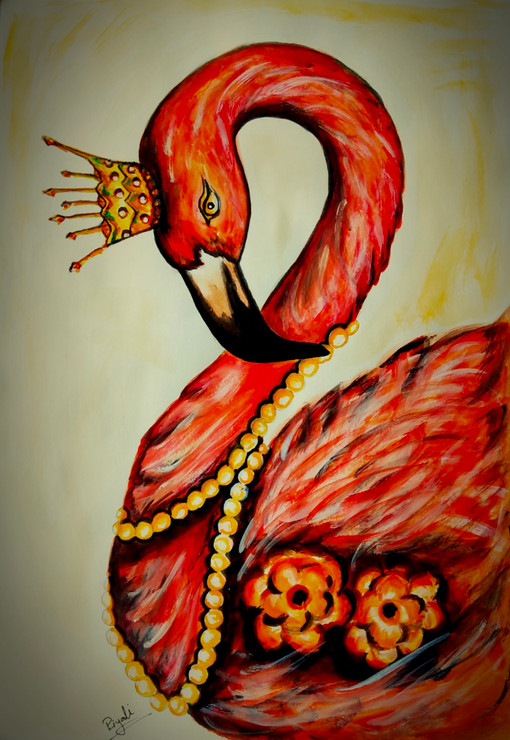FLEMINGO QUEEN (ART_5271_44722) - Handpainted Art Painting - 12in X 18in