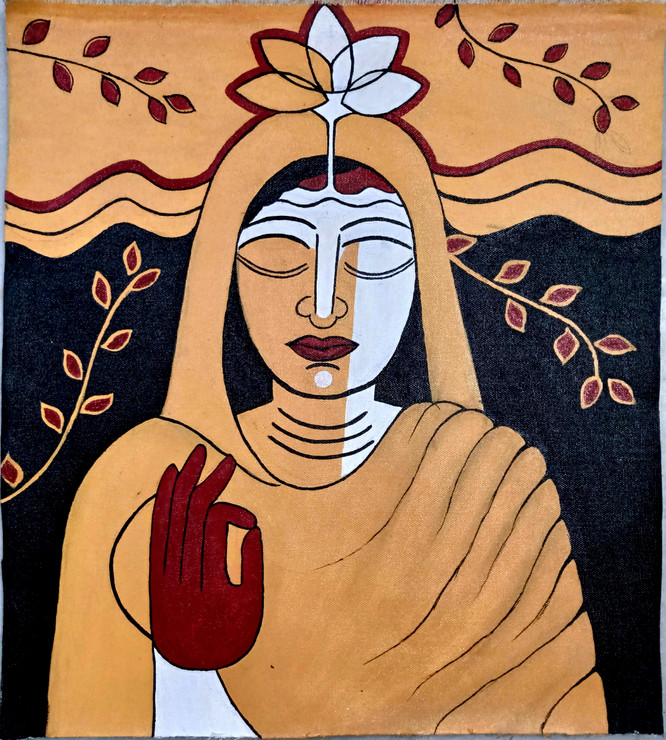 A Sadhvi : engrossed in meditation (ART_7188_44689) - Handpainted Art Painting - 17in X 19in