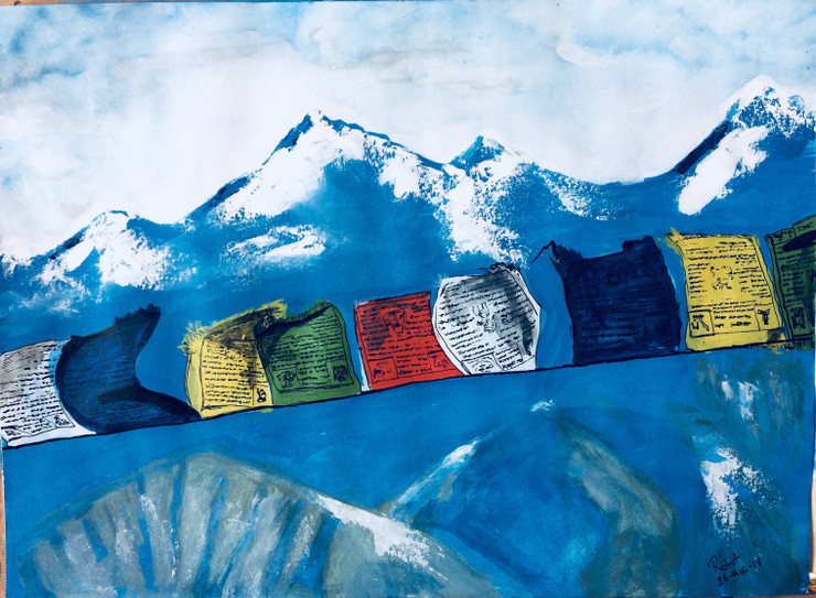 HIMALAYA PRAYER FLAGS (ART_438_8395) - Handpainted Art Painting - 18in X 12in