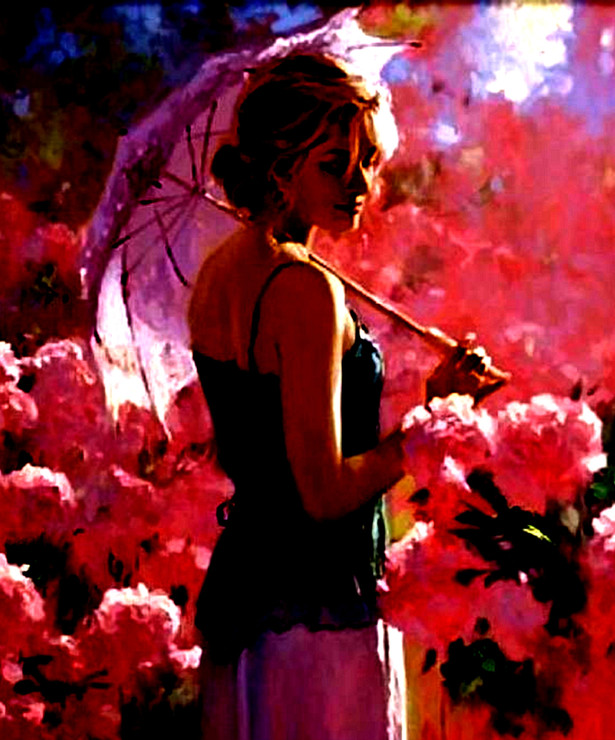 A women with umbrella glowing in the flowers (ART_4772_44886) - Handpainted Art Painting - 22in X 26in