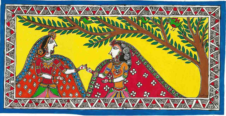 Madhubani - Radha In Vrindavan With Friend (PRT_7230_44781) - Canvas Art Print - 24in X 13in