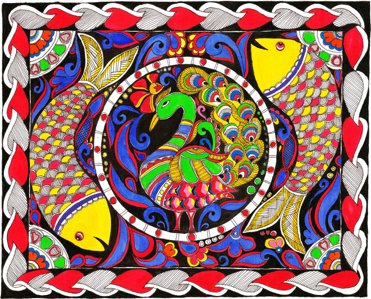 Buy Madhubani - Peacock And Whirling Fish - Traditional, Folk, Vibrant ...