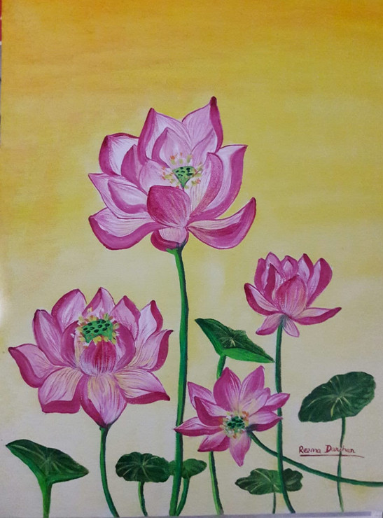 Loutus in sunrise (ART_7255_45346) - Handpainted Art Painting - 12in X 16in