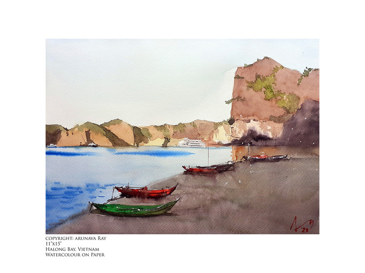 Ha Long bay Vietnam (ART_5950_45499) - Handpainted Art Painting - 15in X 11in