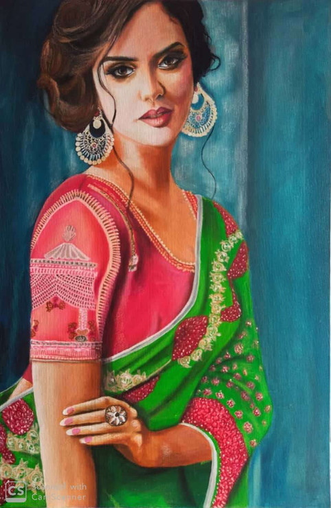 Beauty of Girl in Saree (ART_7250_45470) - Handpainted Art Painting - 24in X 36in