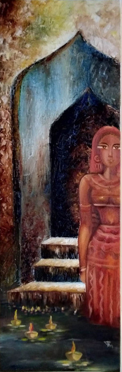 Woman at the door (ART_7276_45624) - Handpainted Art Painting - 12in X 26in