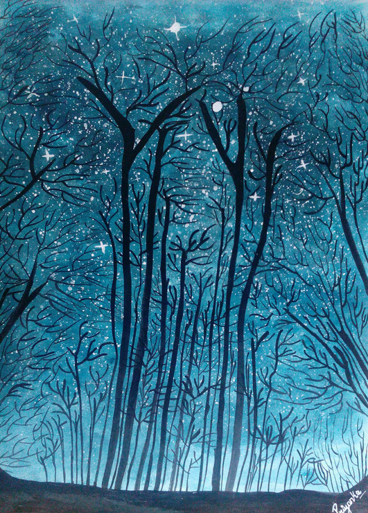 Twinkling stars at wild forest (ART_3014_20781) - Handpainted Art Painting - 16in X 11in