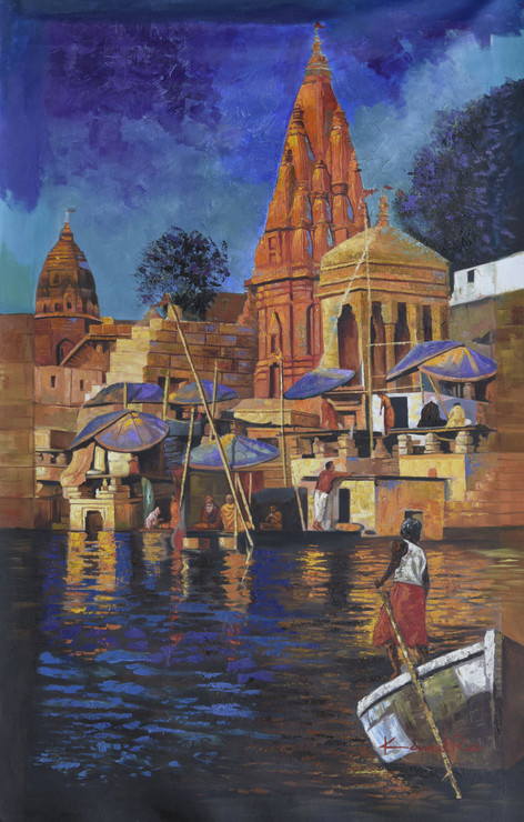 Banaras Ghat  (ART_640_45783) - Handpainted Art Painting - 32in X 52in