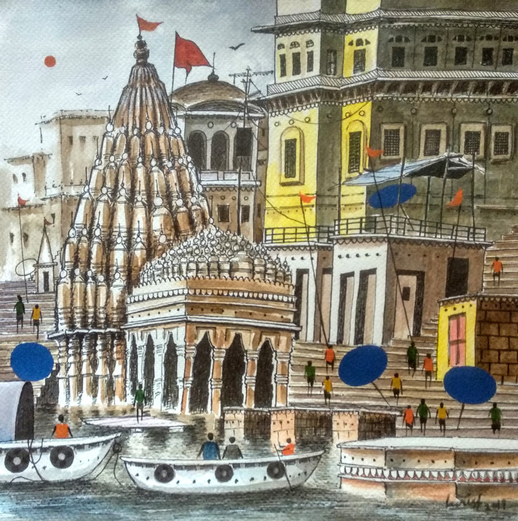 The Kashi Karvat Temple Banaras Ghat (ART_1313_45229) - Handpainted Art Painting - 12in X 12in