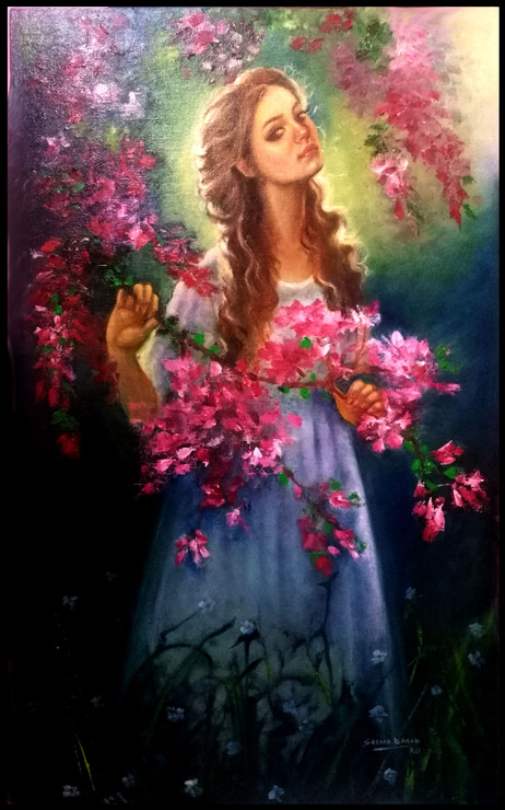 Pink bougainvillea (ART_236_45983) - Handpainted Art Painting - 18in X 30in