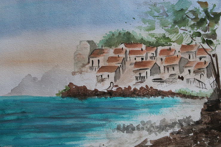 Italian village (ART_7299_46070) - Handpainted Art Painting - 14in X 11in