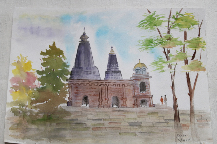Temple (ART_7299_46069) - Handpainted Art Painting - 14in X 10in