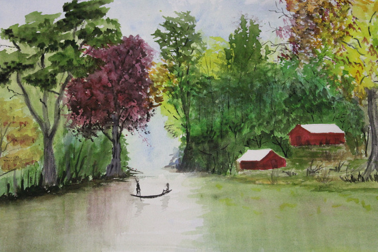 2 little huts (ART_7299_46033) - Handpainted Art Painting - 14in X 10in