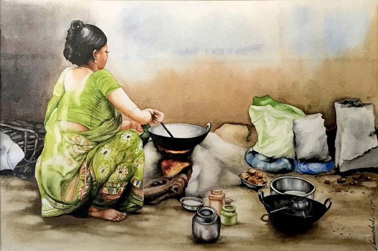 Women Cooking Watercolour on Paper by Contemporary Artist (ART_7308_46155) - Handpainted Art Painting - 18in X 12in