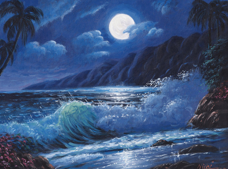 The Moonlight Seascape (ART_4815_46167) - Handpainted Art Painting - 16in X 12in