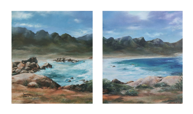 Sea And  Mountain (ART_7297_46203) - Handpainted Art Painting - 8in X 8in