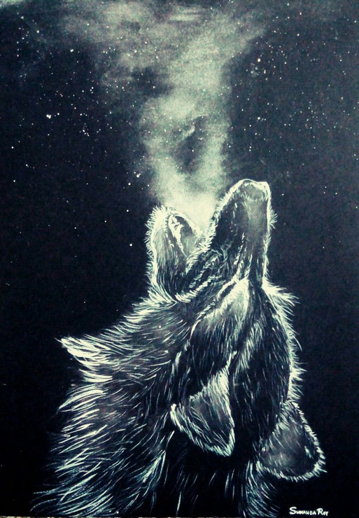 HOWL IN FRIGID DARKNESS (ART_7318_46309) - Handpainted Art Painting - 8in X 12in