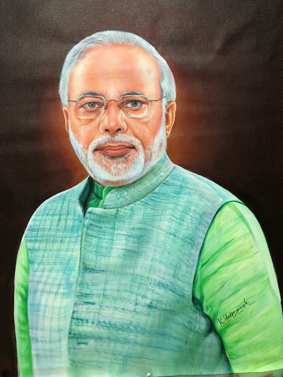 Narender Modi√ïs portrait (ART_6706_46480) - Handpainted Art Painting - 18in X 24in