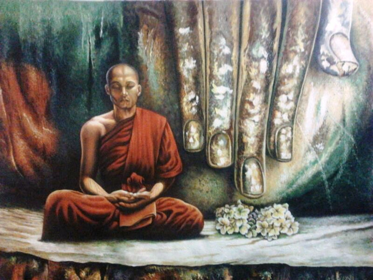 Monk In Meditation (ART_1229_46466) - Handpainted Art Painting - 36in X 24in